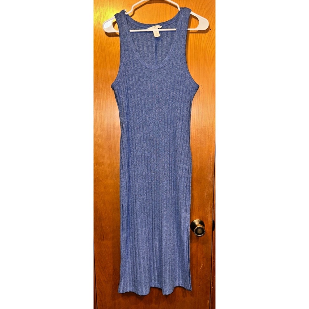 H&M Blue Ribbed Sleeveless Midi Summer Tank Dress Side Slits Scoop‎ Neck Medium